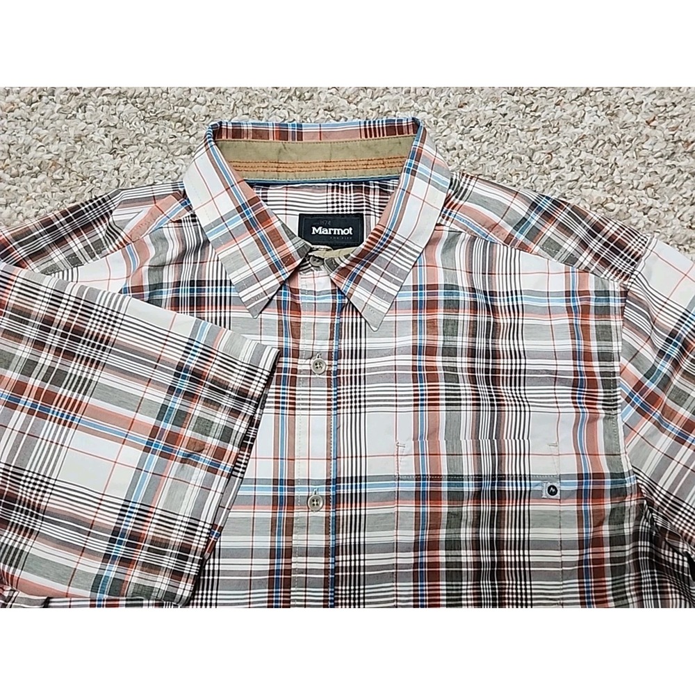 Marmot Shirt Mens Plaid Orange Beige Blue Short Sleeve Button Outdoors Large